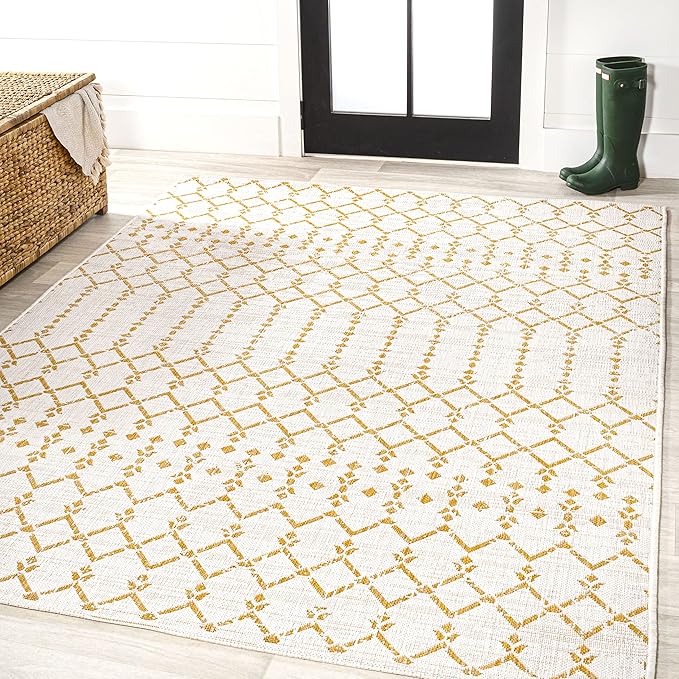JONATHAN Y SMB108J-4 Ourika Moroccan Geometric Textured Weave Indoor Outdoor Area-Rug, Coastal, Traditional, Transitional Easy-Cleaning,Bedroom,Kitchen,Backyard,Patio,Non Shedding, Cream/Yellow, 4 X 6