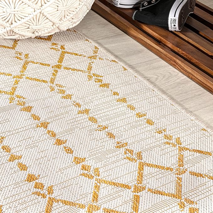 JONATHAN Y SMB108J-28 Ourika Moroccan Geometric Textured Weave Indoor Outdoor Runner Rug, Bohemian, Rustic, Scandinavian Easy-Cleaning,Bedroom,Kitchen,Backyard,Patio,Non Shedding, Cream/Yellow, 2 X 8