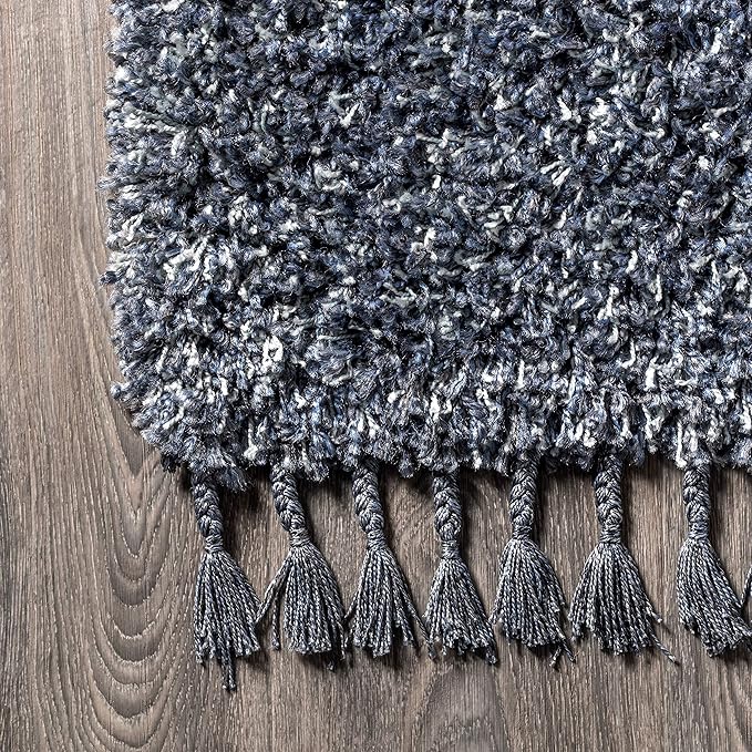 JONATHAN Y MCR100C-5 Mercer Shag Plush Tassel Indoor Area-Rug Bohemian Modern Contemporary Solid Easy-Cleaning Bedroom Kitchen Living Room, 5 X 8, Denim Blue with Tassel