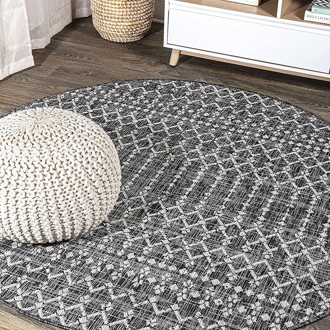 JONATHAN Y SMB108F-3R Ourika Moroccan Geometric Textured Weave Black/Gray 3' Round Indoor/Outdoor Area Rug, Pet Friendly, Non-Shedding, Stain Resistant, Easy-Cleaning for Backyard, Patio, Porch