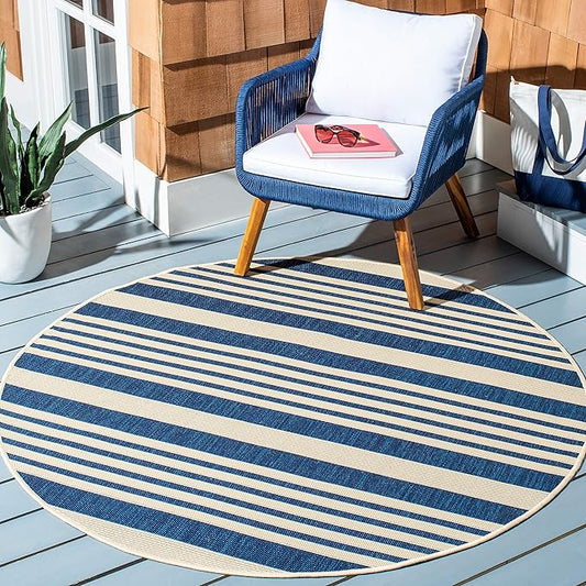 SAFAVIEH Courtyard Collection Area Rug - 4' Round, Navy & Beige, Non-Shedding & Easy Care, Indoor/Outdoor & Washable-Ideal for Patio, Backyard, Mudroom (CY6062-268)