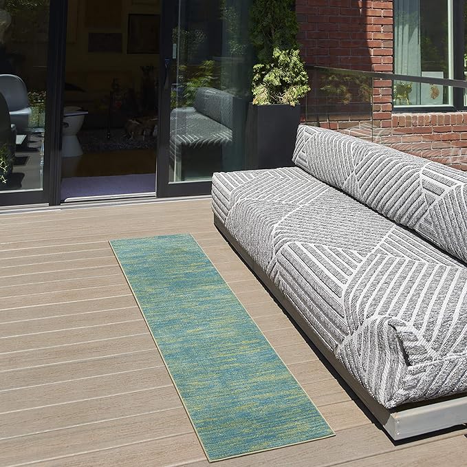 Nourison Essentials Indoor/Outdoor Blue Green 2'2" x 7'6" Area Rug, Easy Cleaning, Non Shedding, Bed Room, Living Room, Dining Room, Backyard, Deck, Patio (2x8)