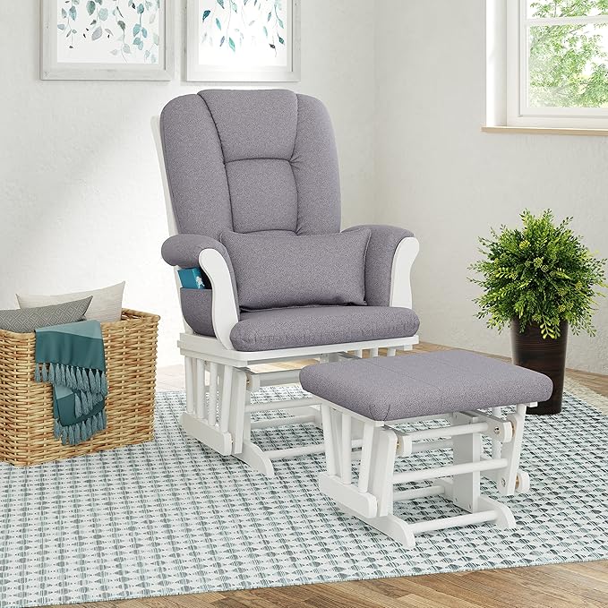 Storkcraft Tuscany Custom Glider and Ottoman with Free Lumbar Pillow (White/Slate Gray Swirl) - Cleanable Upholstered Comfort Rocking Nursery Chair with Ottoman