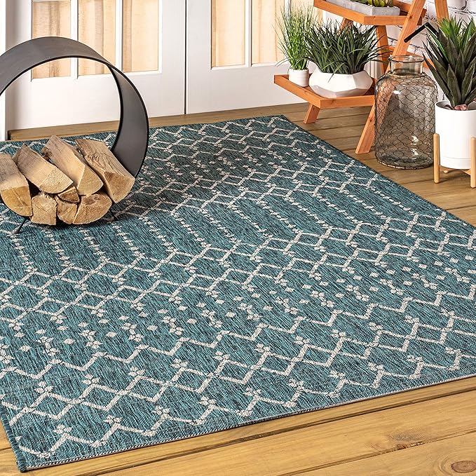 JONATHAN Y SMB108C-9 Ourika Moroccan Geometric Textured Weave Indoor Outdoor Area Rug, Bohemian, Rustic, Scandinavian Easy Cleaning,Bedroom,Kitchen,Backyard,Patio,Non Shedding, Teal/Gray, 9 X 12