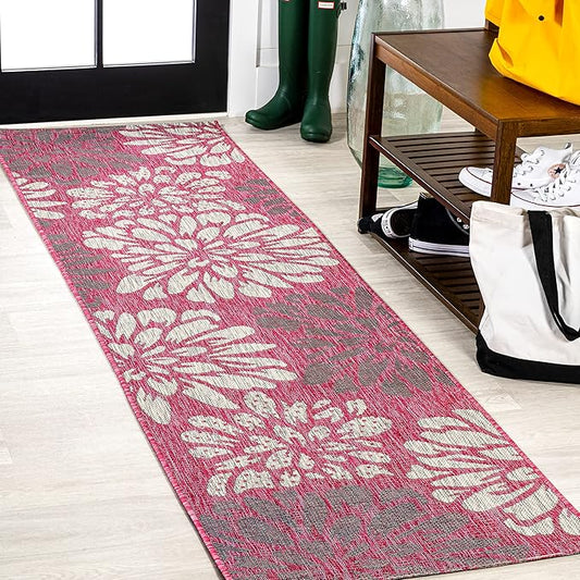 JONATHAN Y SMB110F-28 Zinnia Modern Floral Textured Weave Indoor Outdoor Runner Rug, Bohemian Coastal Mediterranean Easy Cleaning,Bedroom,Kitchen,Backyard,Patio,Non Shedding, Fuchsia/Light Gray, 2 X 8