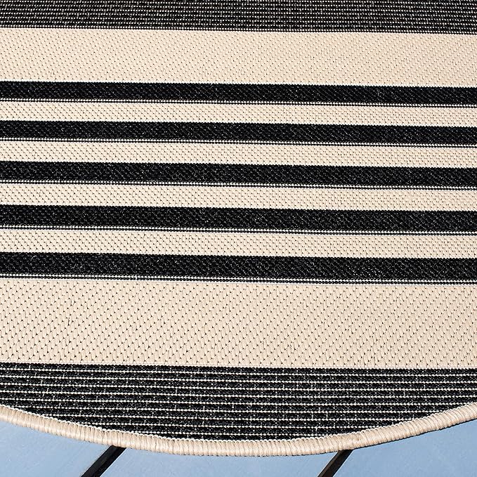 SAFAVIEH Courtyard Collection 6'7'' Round Black/Bone CY6062 Stripe Indoor/ Outdoor Patio Backyard Mudroom Area Rug
