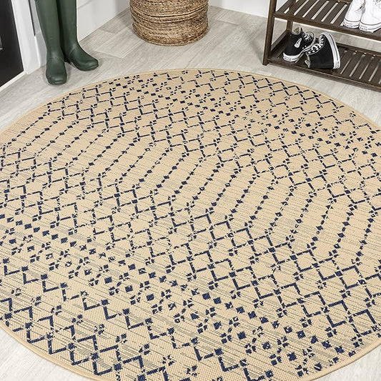 JONATHAN Y SMB108H-9R Ourika Moroccan Geometric Textured Weave Beige/Navy 9' Round Indoor/Outdoor Area Rug, Pet Friendly, Non-Shedding, Stain Resistant, Easy-Cleaning for Backyard, Patio, Porch