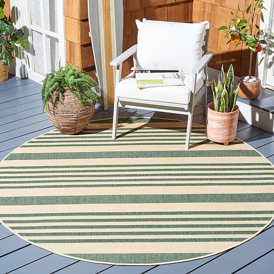 SAFAVIEH Courtyard Collection Area Rug - 5'3" Round, Beige & Dark Green, Stripe Design, Non-Shedding & Easy Care, Indoor/Outdoor & Washable-Ideal for Patio, Backyard, Mudroom (CY6062-322)