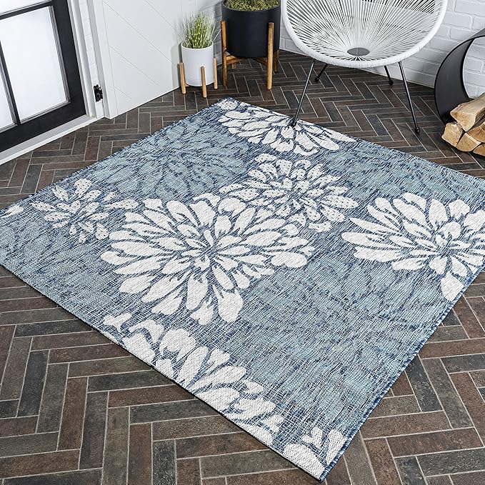 JONATHAN Y SMB110C-5SQ Zinnia Modern Floral Textured Weave Indoor Outdoor Area-Rug Bohemian Coastal Easy-Cleaning Bedroom Kitchen Backyard Patio Non Shedding, 5' Square, Navy/Aqua
