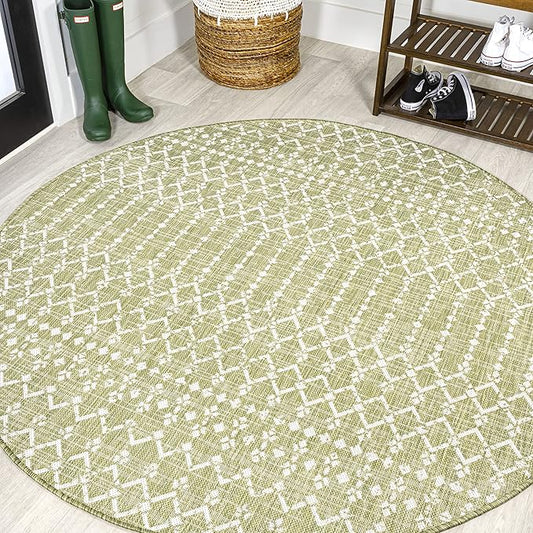 JONATHAN Y SMB108N-5R Ourika Moroccan Geometric Textured Weave Indoor Outdoor Area Rug,Coastal,Traditional,Transitional Easy Clean,Bedroom,Kitchen,Backyard,Patio,Non-Shed, Light Green/Cream, 5' Round