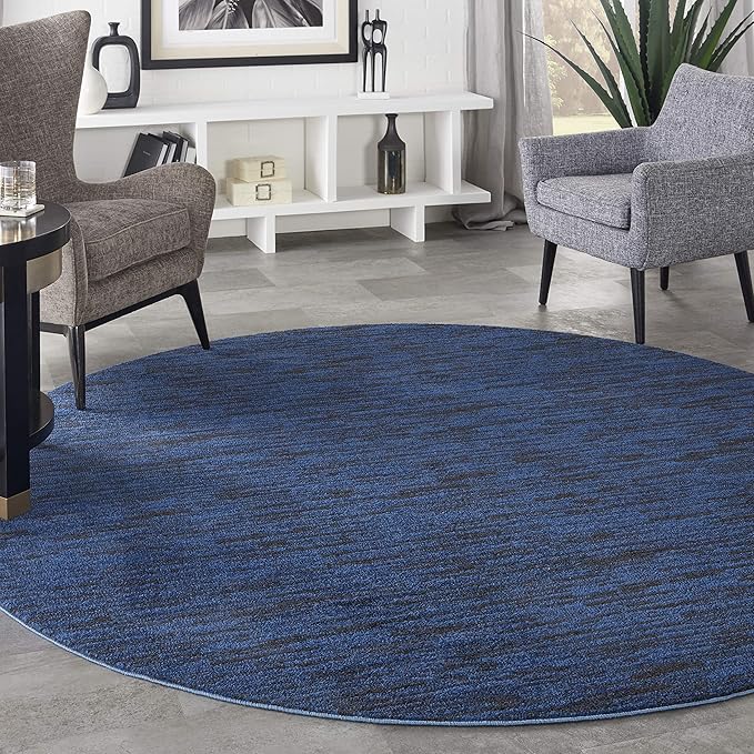Nourison Essentials Indoor/Outdoor Midnight Blue 8' x Round Area Rug, Easy Cleaning, Non Shedding, Bed Room, Living Room, Dining Room, Backyard, Deck, Patio (8 Round)