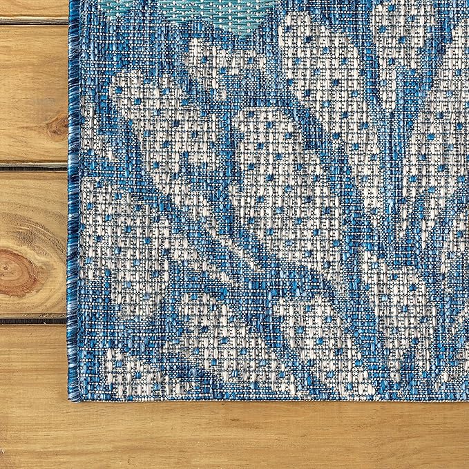 JONATHAN Y SMB110C-5R Zinnia Modern Floral Textured Weave Indoor Outdoor Area-Rug Bohemian Coastal Easy-Cleaning Bedroom Kitchen Backyard Patio Non Shedding, 5' Round, Navy/Aqua