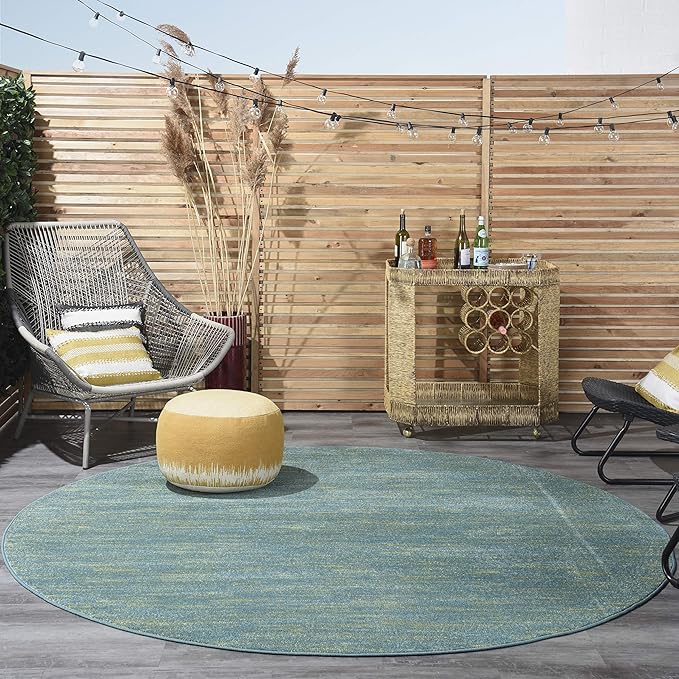 Nourison Essentials Indoor/Outdoor Blue Green 8' x Round Area Rug, Easy Cleaning, Non Shedding, Bed Room, Living Room, Dining Room, Backyard, Deck, Patio (8 Round)
