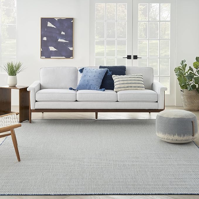 Nourison Courtyard Indoor/Outdoor Ivory Blue 8' x 10' Area Rug, Geometric, Easy Cleaning, Non Shedding, Bed Room, Living Room, Dining Room, Deck, Patio, Backyard (8x10)