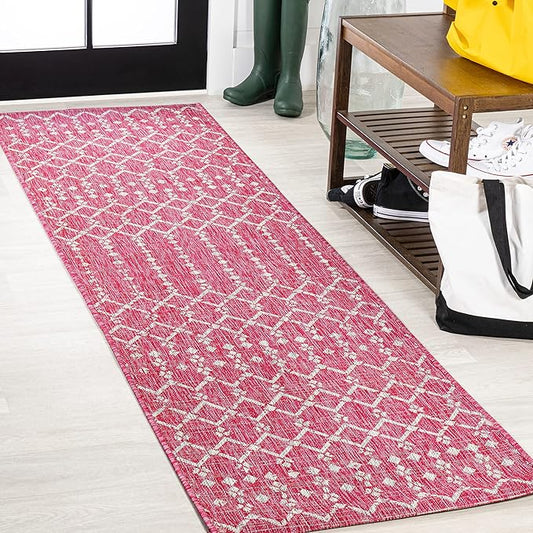 JONATHAN Y SMB108Q-28 Ourika Moroccan Geometric Textured Weave Indoor Outdoor Runner Rug, Bohemian, Rustic, Scandinavian Easy Clean,Bedroom,Kitchen,Backyard,Patio, Non-Shed, Fuchsia/Light Gray, 2 X 8