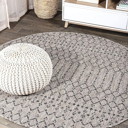 JONATHAN Y SMB108D-5R Ourika Moroccan Geometric Textured Weave Indoor Outdoor Area Rug, Bohemian, Rustic, Scandinavian Easy Clean,Bedroom,Kitchen,Backyard,Patio, Non-Shed, Natural/Black, 5' Round
