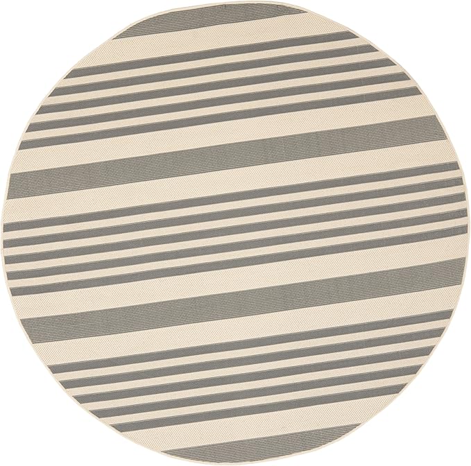 SAFAVIEH Courtyard Collection Area Rug - 6'7" Round, Grey & Bone, Stripe Design, Non-Shedding & Easy Care, Indoor/Outdoor & Washable-Ideal for Patio, Backyard, Mudroom (CY6062-236)
