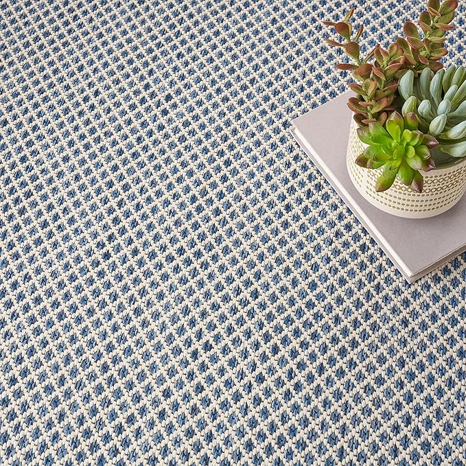 Nourison Courtyard Indoor/Outdoor Ivory Blue 4' x Round Area Rug, Easy Cleaning, Non Shedding, Bed Room, Living Room, Dining Room, Backyard, Deck, Patio (4 Round)