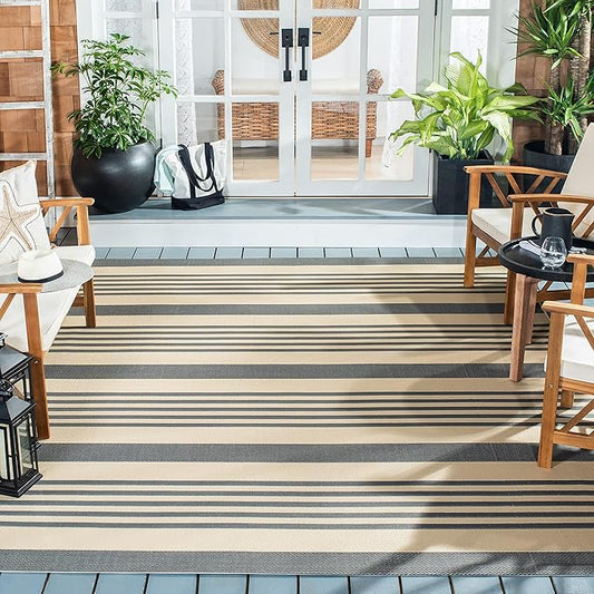 Safavieh Courtyard Collection CY6062 Stripe Indoor/ Outdoor Non-Shedding Stain Resistant Patio Backyard Area Rug, 6'7" Square, Grey / Bone