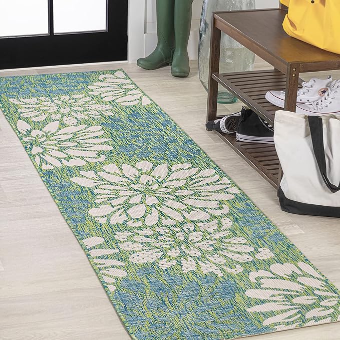 JONATHAN Y SMB110D-210 Zinnia Modern Floral Textured Weave Indoor Outdoor Runner Rug, Bohemian, Coastal, Mediterranean Easy-Cleaning,Bedroom,Kitchen,Backyard,Patio,Non Shedding, Cream/Green, 2 X 10