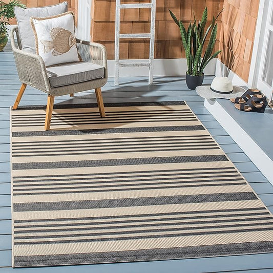 SAFAVIEH Courtyard Collection Area Rug - 10' x 14', Black & Bone, Stripe Design, Non-Shedding & Easy Care, Indoor/Outdoor & Washable-Ideal for Patio, Backyard, Mudroom (CY6062-216)