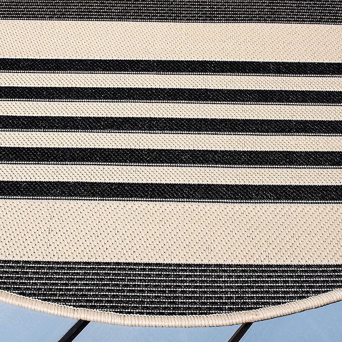 SAFAVIEH Courtyard Collection 6'7'' Round Black/Bone CY6062 Stripe Indoor/ Outdoor Patio Backyard Mudroom Area Rug