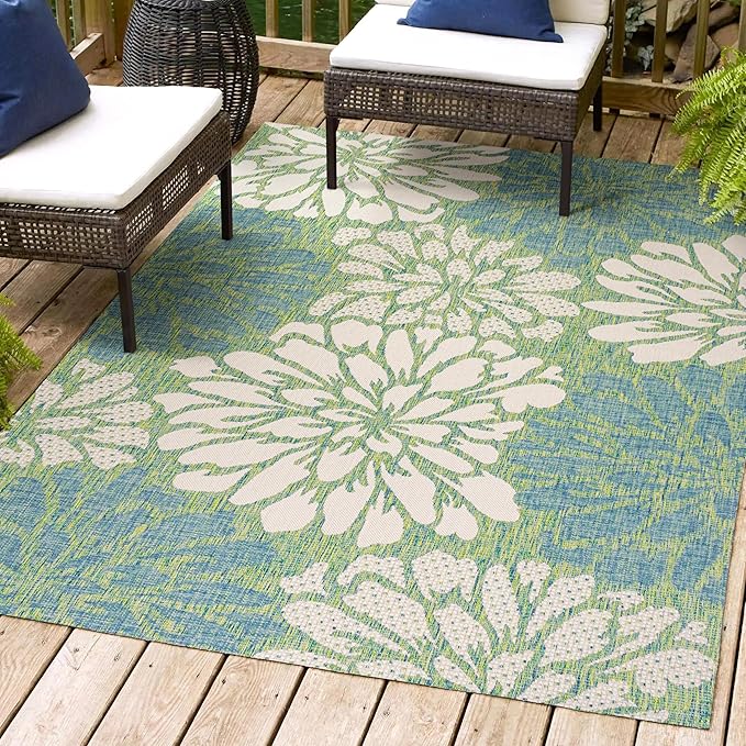 JONATHAN Y SMB110D-5 Zinnia Modern Floral Textured Weave Indoor Outdoor Area-Rug, Bohemian Coastal Mediterranean Easy-Cleaning,Bedroom,Kitchen,Backyard,Patio,Non Shedding, 5 X 8, Cream/Green