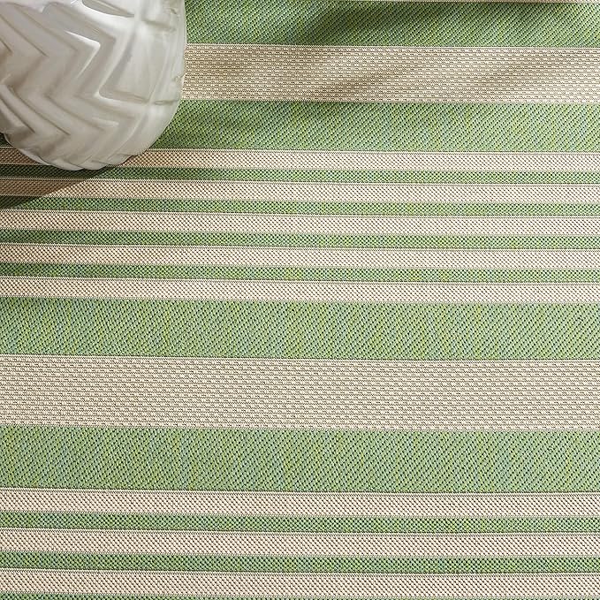 SAFAVIEH Courtyard Collection Area Rug - 8' x 10', Green & Beige, Stripe Design, Non-Shedding & Easy Care, Indoor/Outdoor & Washable-Ideal for Patio, Backyard, Mudroom (CY6062-244)