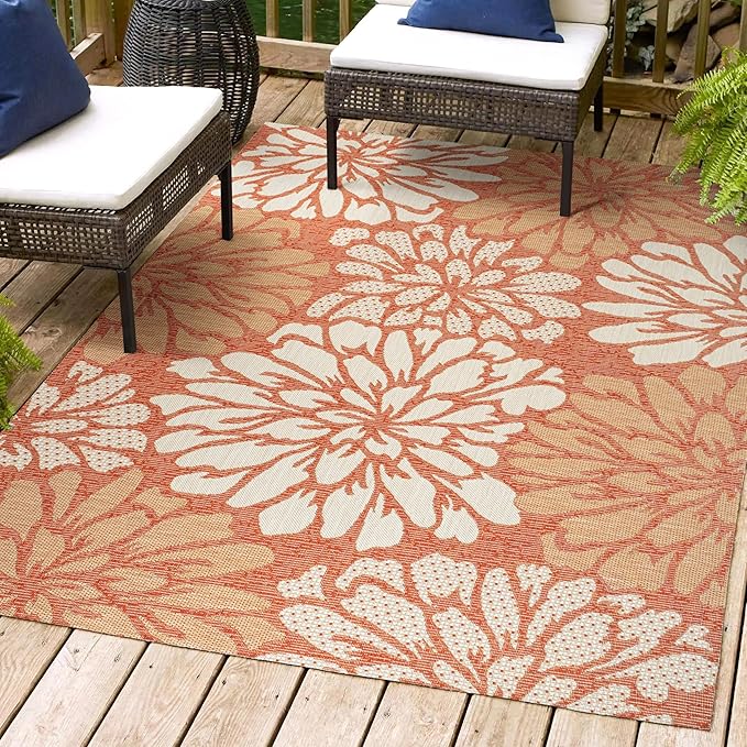 JONATHAN Y SMB110E-4 Zinnia Modern Floral Textured Weave Indoor Outdoor Area-Rug, Bohemian Coastal Mediterranean Easy-Cleaning,Bedroom,Kitchen,Backyard,Patio,Non Shedding, 4 X 6, Orange/Cream