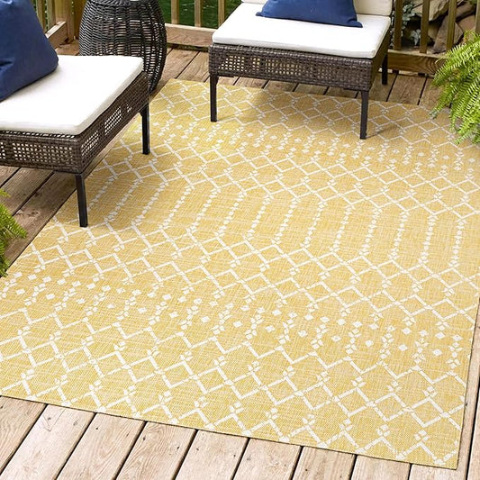 JONATHAN Y SMB108G-4 Ourika Moroccan Geometric Textured Weave Indoor Outdoor Area-Rug, Bohemian Coastal Traditional Easy-Cleaning,Bedroom,Kitchen,Backyard,Patio,Non Shedding, 4 X 6, Yellow/Cream