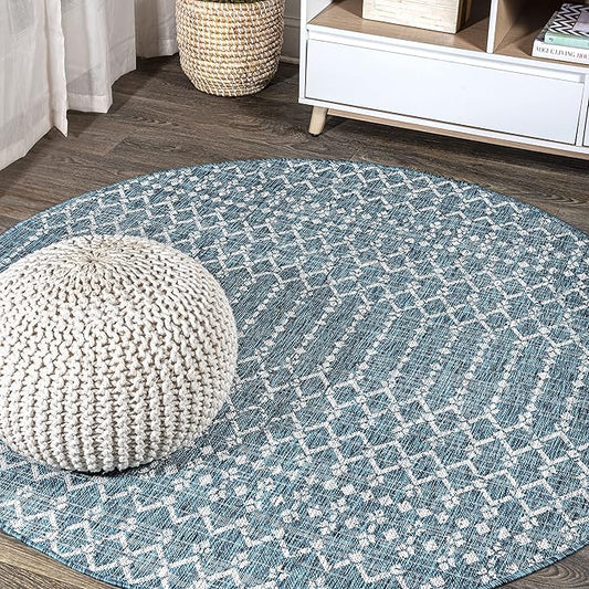 JONATHAN Y SMB108C-5R Ourika Moroccan Geometric Textured Weave Indoor Outdoor Area-Rug, Bohemian, Rustic, Scandinavian Easy-Cleaning,Bedroom,Kitchen,Backyard,Patio,Non Shedding, Teal/Gray, 5' Round