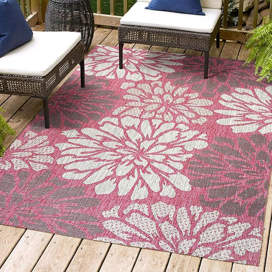 JONATHAN Y SMB110F-3 Zinnia Modern Floral Textured Weave Indoor Outdoor Area-Rug, Bohemian Coastal Mediterranean Easy-Cleaning,Bedroom,Kitchen,Backyard,Patio,Non Shedding, 3 X 5, Fuchsia/Light Gray