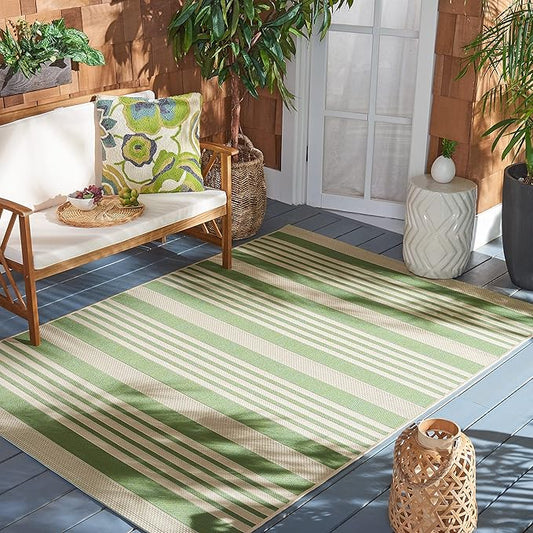 SAFAVIEH Courtyard Collection 4' Square Green/Beige CY6062 Stripe Indoor/ Outdoor-Waterproof Easy-Cleaning Patio Backyard Mudroom Accent-Rug