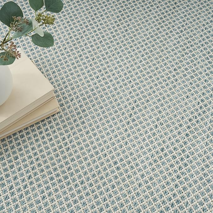 Nourison Courtyard Indoor/Outdoor Ivory Aqua 7' x 10' Area Rug, Geometric, Easy Cleaning, Non Shedding, Bed Room, Living Room, Dining Room, Deck, Patio, Backyard (7x10)