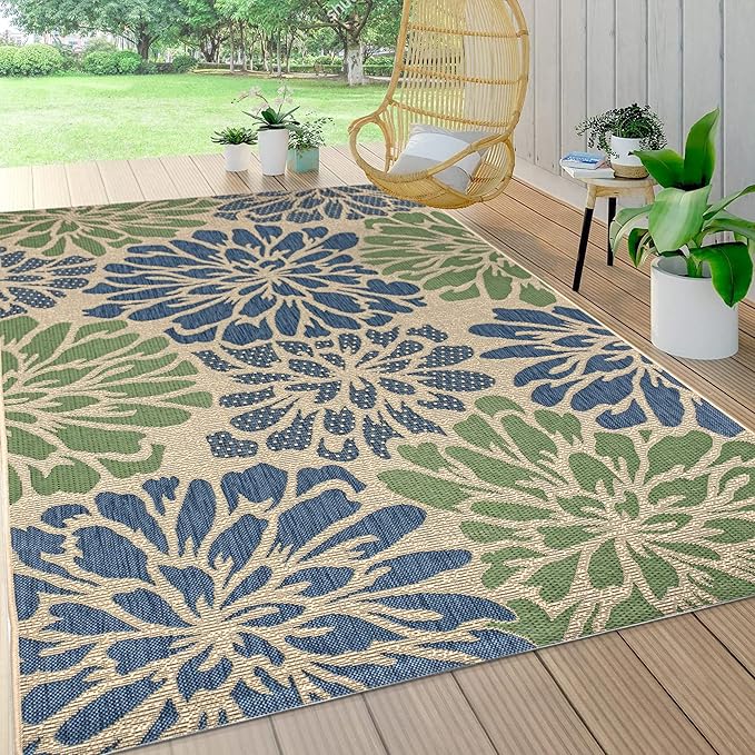 JONATHAN Y SMB110B-4 Zinnia Modern Floral Textured Weave Indoor Outdoor Area-Rug Bohemian Coastal Easy-Cleaning Bedroom Kitchen Backyard Patio Non Shedding, 4 X 6, Navy/Green
