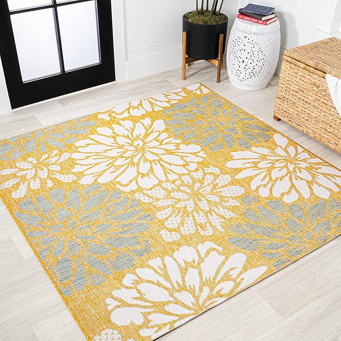 JONATHAN Y SMB110G-5SQ Zinnia Modern Floral Textured Weave Indoor Outdoor Area-Rug, Bohemian Coastal Mediterranean Easy-Cleaning,Bedroom,Kitchen,Backyard,Patio,Non Shedding, Yellow/Cream, 5' Square