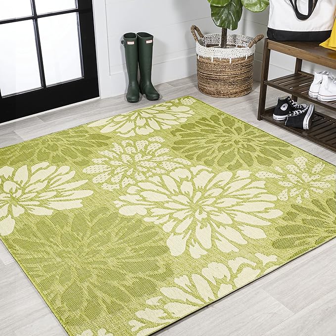 JONATHAN Y SMB110H-5SQ Zinnia Modern Floral Textured Weave Indoor Outdoor Area-Rug, Country Coastal Transitional Easy-Cleaning,Bedroom,Kitchen,Backyard,Patio,Non Shedding, 5' Square, Green/Cream