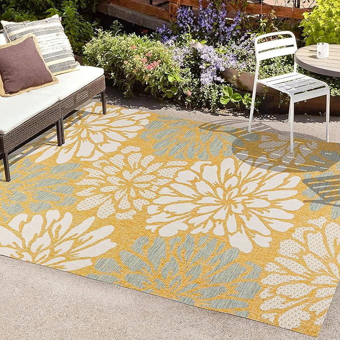 JONATHAN Y SMB110G-9 Zinnia Modern Floral Textured Weave Indoor Outdoor Area-Rug, Bohemian Coastal Mediterranean Easy-Cleaning,Bedroom,Kitchen,Backyard,Patio,Non Shedding, 9 X 12, Yellow/Cream