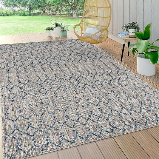 JONATHAN Y SMB108A-4 Ourika Moroccan Geometric Textured Weave Indoor Outdoor Area Rug, Bohemian, Rustic, Scandinavian Easy Cleaning,Bedroom,Kitchen,Backyard,Patio,Non Shedding, Light Gray/Navy, 4 X 6