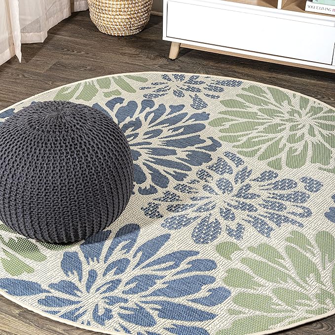 JONATHAN Y SMB110B-3R Zinnia Modern Floral Textured Weave Indoor/Outdoor Area Rug, Bohemian, Coastal, Transitional for Bedroom, Kitchen, Living Room, Easy-Cleaning, Navy/Green, 3' Round