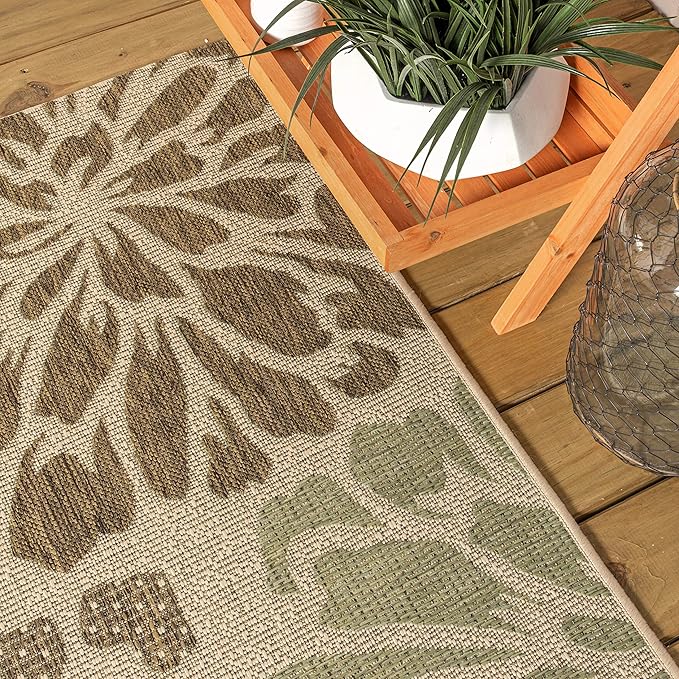 JONATHAN Y SMB110A-6SQ Zinnia Modern Floral Textured Weave Indoor Outdoor Area Rug Bohemian Coastal Easy Cleaning Bedroom Kitchen Backyard Patio Non Shedding, 6' Square, Sage/Brown
