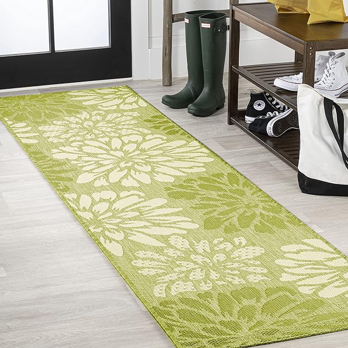 JONATHAN Y SMB110H-28 Zinnia Modern Floral Textured Weave Indoor Outdoor Runner Rug, Country Coastal Transitional Easy-Cleaning,Bedroom,Kitchen,Backyard,Patio,Non Shedding, 2 X 8, Green/Cream