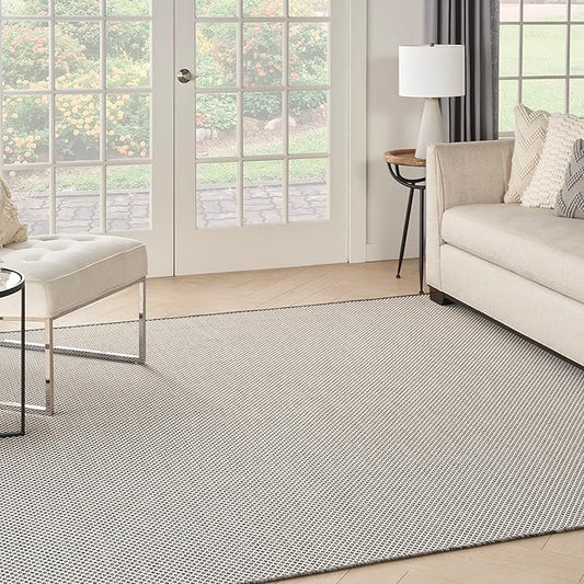 Nourison Courtyard Indoor/Outdoor Ivory/Charcoal 8' x Square Area Rug, Easy Clean, Non Shedding, Bed Room, Living Room, Dining Room, Backyard, Deck, Patio (8 Square)
