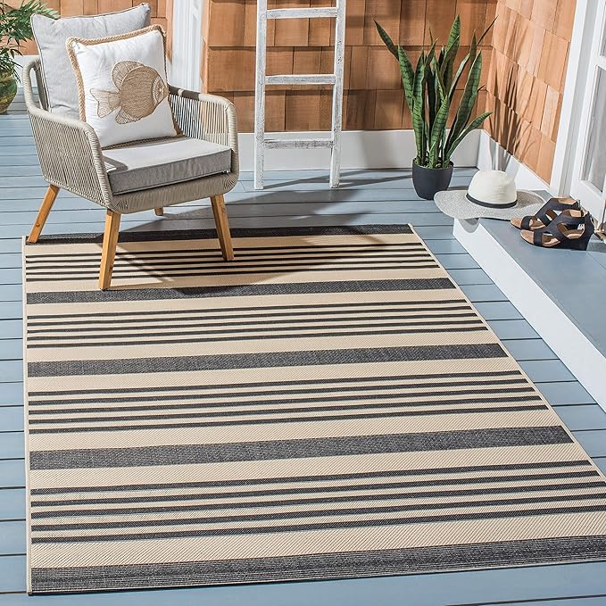SAFAVIEH Courtyard Collection Area Rug - 7'1 Square, Black & Bone, Stripe Design, Non-Shedding & Easy Care, Indoor/Outdoor & Washable-Ideal for Patio, Backyard, Mudroom (CY6062-216)