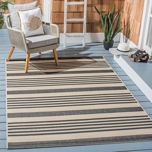 SAFAVIEH Courtyard Collection Area Rug - 7'1 Square, Black & Bone, Stripe Design, Non-Shedding & Easy Care, Indoor/Outdoor & Washable-Ideal for Patio, Backyard, Mudroom (CY6062-216)