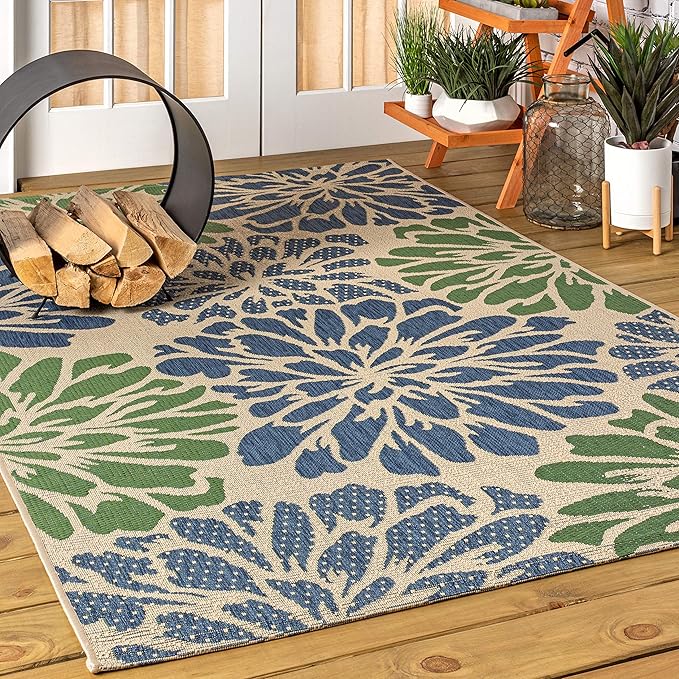 JONATHAN Y SMB110B-8 Zinnia Modern Floral Textured Weave Indoor Outdoor Area-Rug Bohemian Coastal Easy-Cleaning Bedroom Kitchen Backyard Patio Non Shedding, 8 X 10, Navy/Green