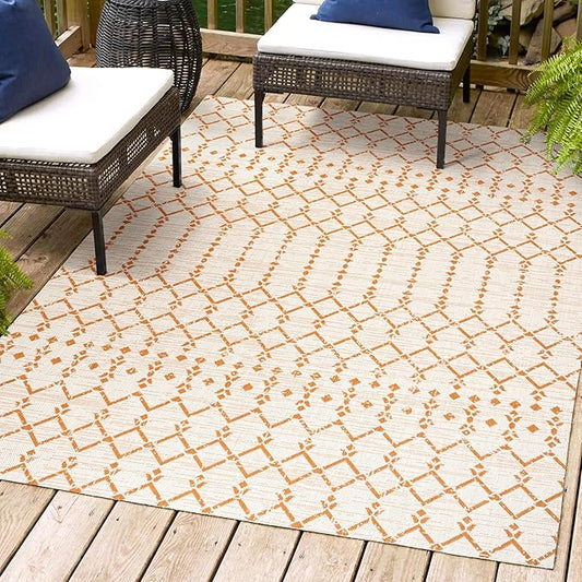 JONATHAN Y SMB108O-4 Ourika Moroccan Geometric Textured Weave Indoor Outdoor Area-Rug, Bohemian Rustic Scandinavian Easy-Cleaning,Bedroom,Kitchen,Backyard,Patio,Non Shedding, 4 X 6, Cream/Orange