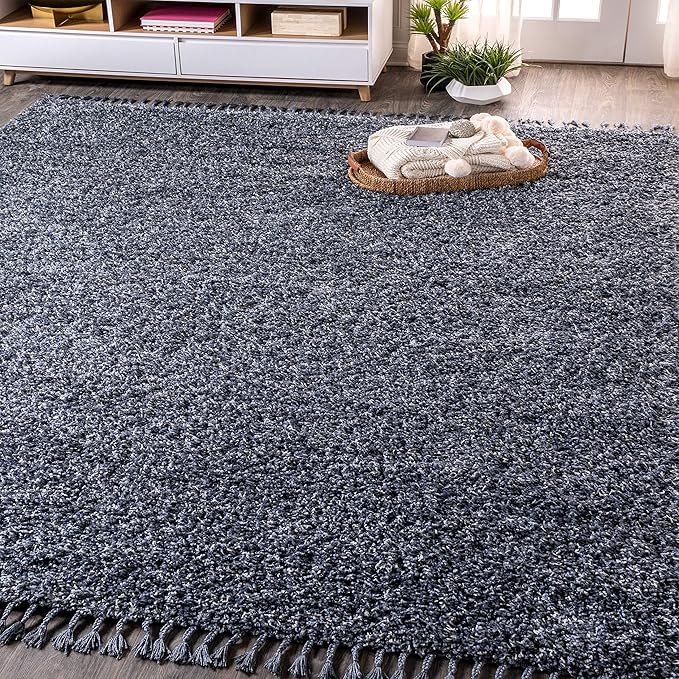 JONATHAN Y MCR100C-5 Mercer Shag Plush Tassel Indoor Area-Rug Bohemian Modern Contemporary Solid Easy-Cleaning Bedroom Kitchen Living Room, 5 X 8, Denim Blue with Tassel