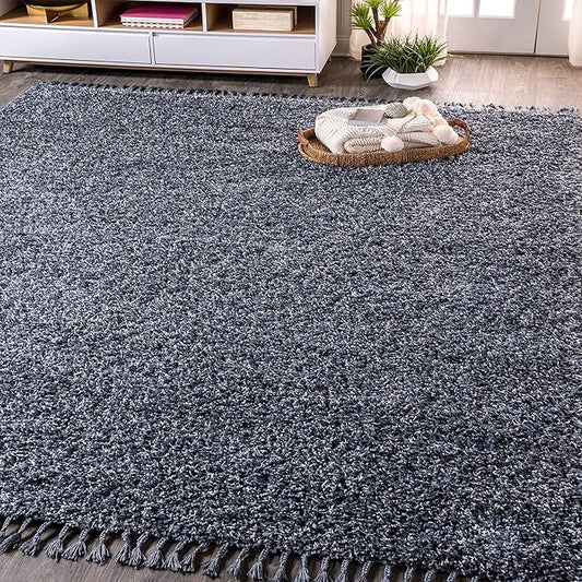 JONATHAN Y MCR100C-5 Mercer Shag Plush Tassel Indoor Area-Rug Bohemian Modern Contemporary Solid Easy-Cleaning Bedroom Kitchen Living Room, 5 X 8, Denim Blue with Tassel