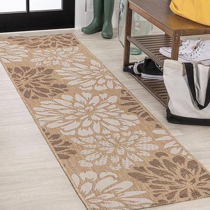 JONATHAN Y SMB110I-28 Zinnia Modern Floral Textured Weave Indoor Outdoor Runner Rug, Bohemian Coastal Mediterranean Easy Cleaning,Bedroom,Kitchen,Backyard,Patio,Non Shedding, Brown/Cream, 2 X 8